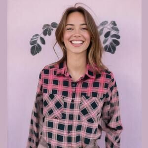 Nollie Pink Black Ombre Plaid Studded Shoulder Long Sleeve Button Down Shirt M